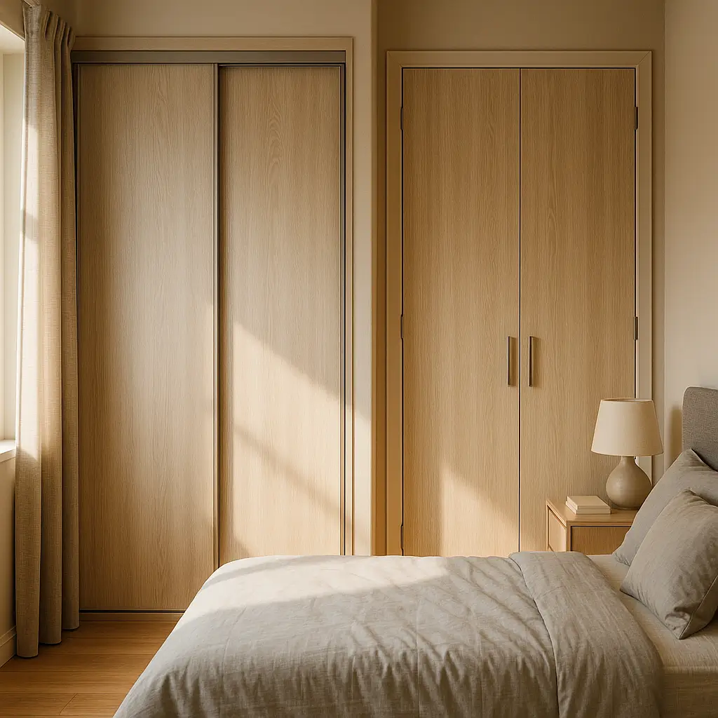 Guarda-roupa porta de correr ou bater em madeira clara ao lado da cama