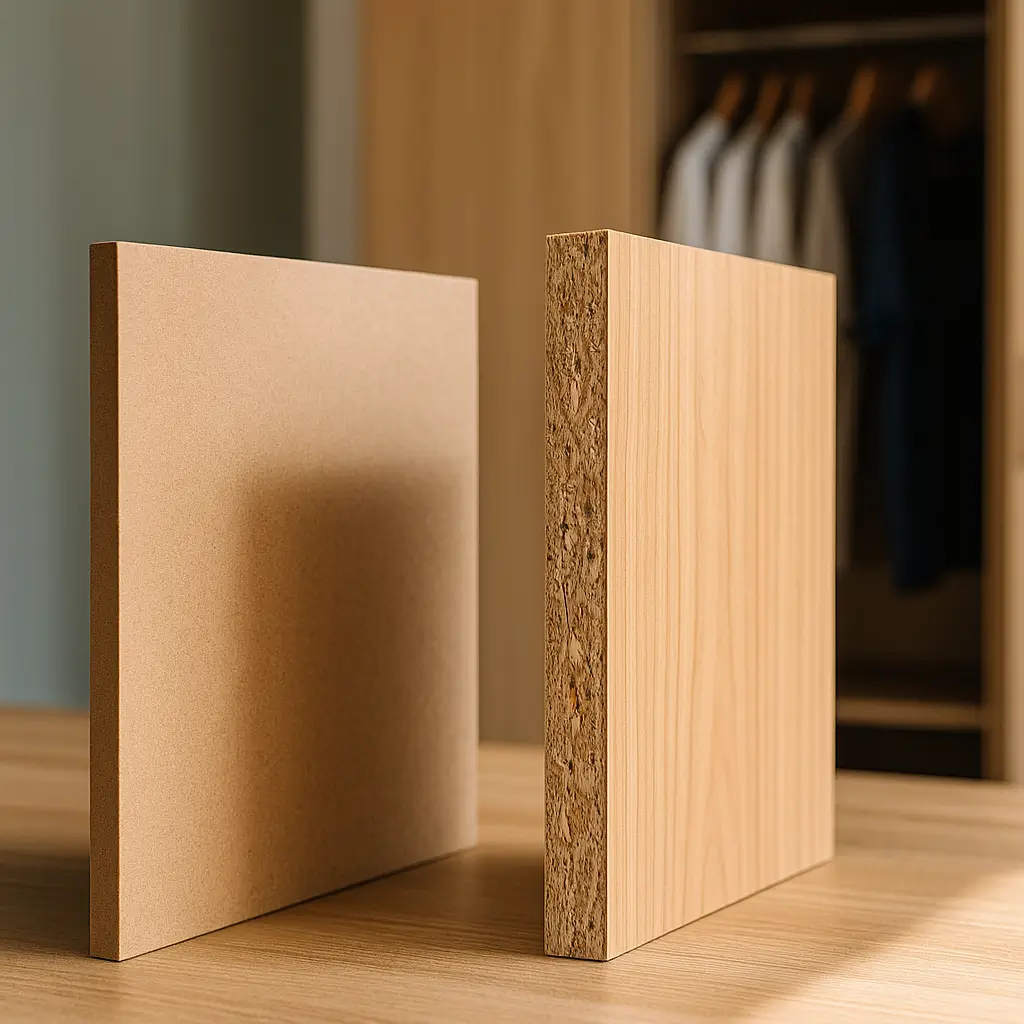 MDF ou MDP qual é melhor para guarda-roupa; chapas MDF e MDP com borda aparente, guarda-roupa ao fundo