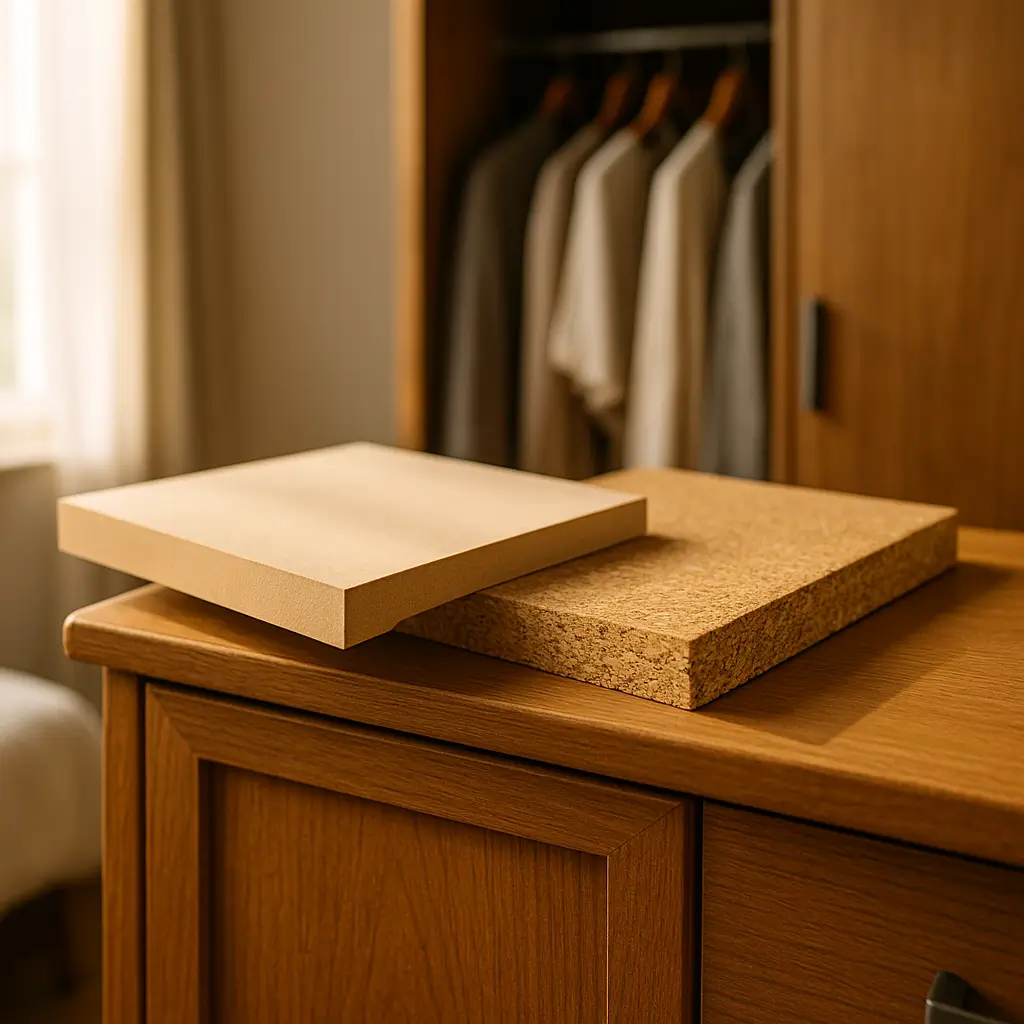 MDF ou MDP qual é melhor para guarda-roupa; chapas MDF e MDP sobre cômoda, guarda-roupa ao fundo