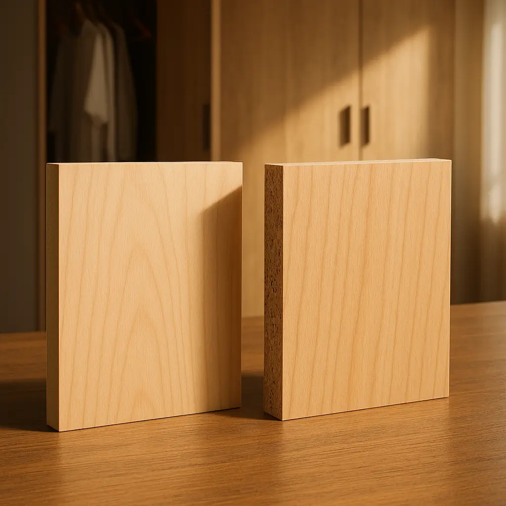 MDF ou MDP qual é melhor para guarda-roupa; duas chapas MDF e MDP em pé, guarda-roupa ao fundo