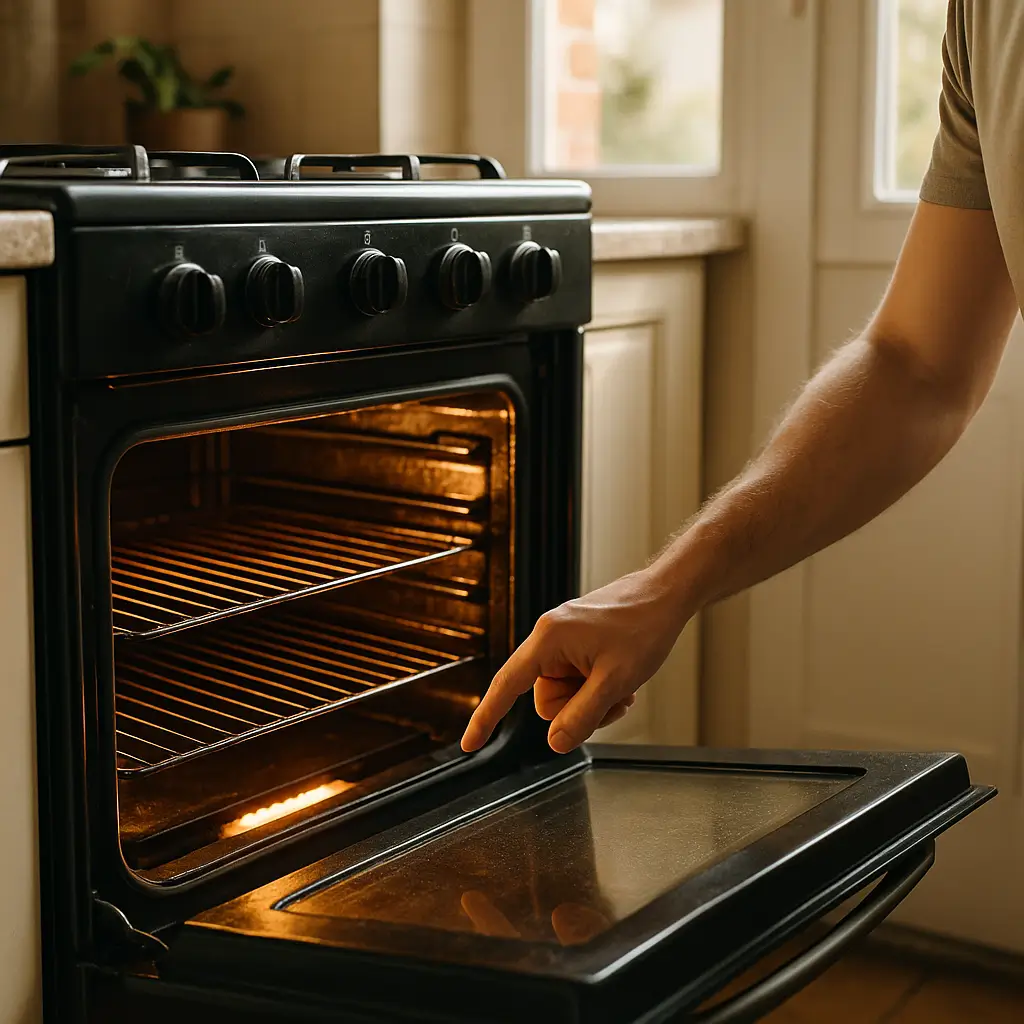 Mão apontando para queimador inferior no forno aceso e vazio; Forno acende mas não esquenta: causas e soluções