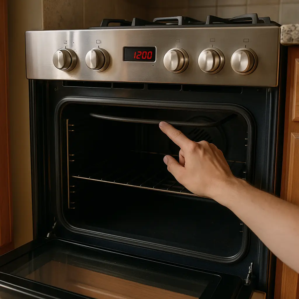 Mão apontando para resistência no forno aberto; Forno acende mas não esquenta: causas e soluções