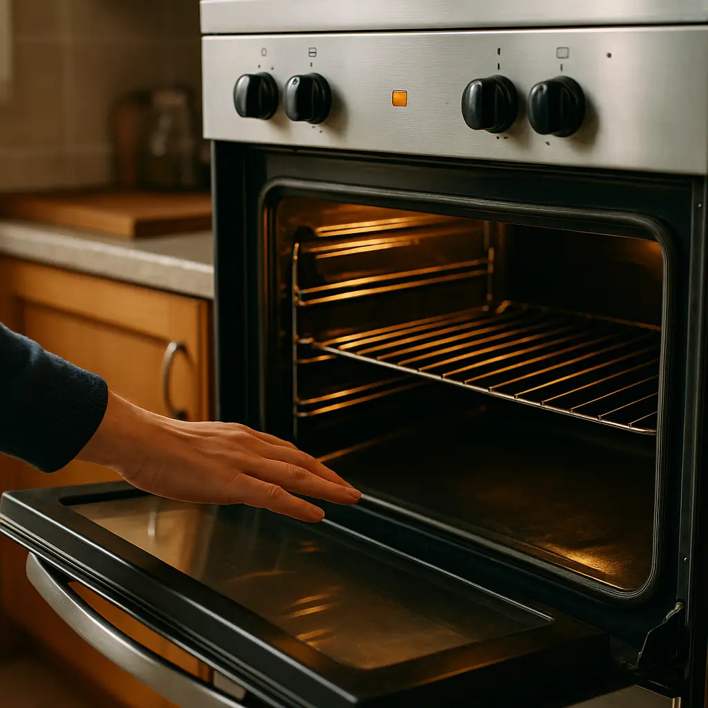 Mão checando calor na porta do forno aceso e vazio; Forno acende mas não esquenta: causas e soluções