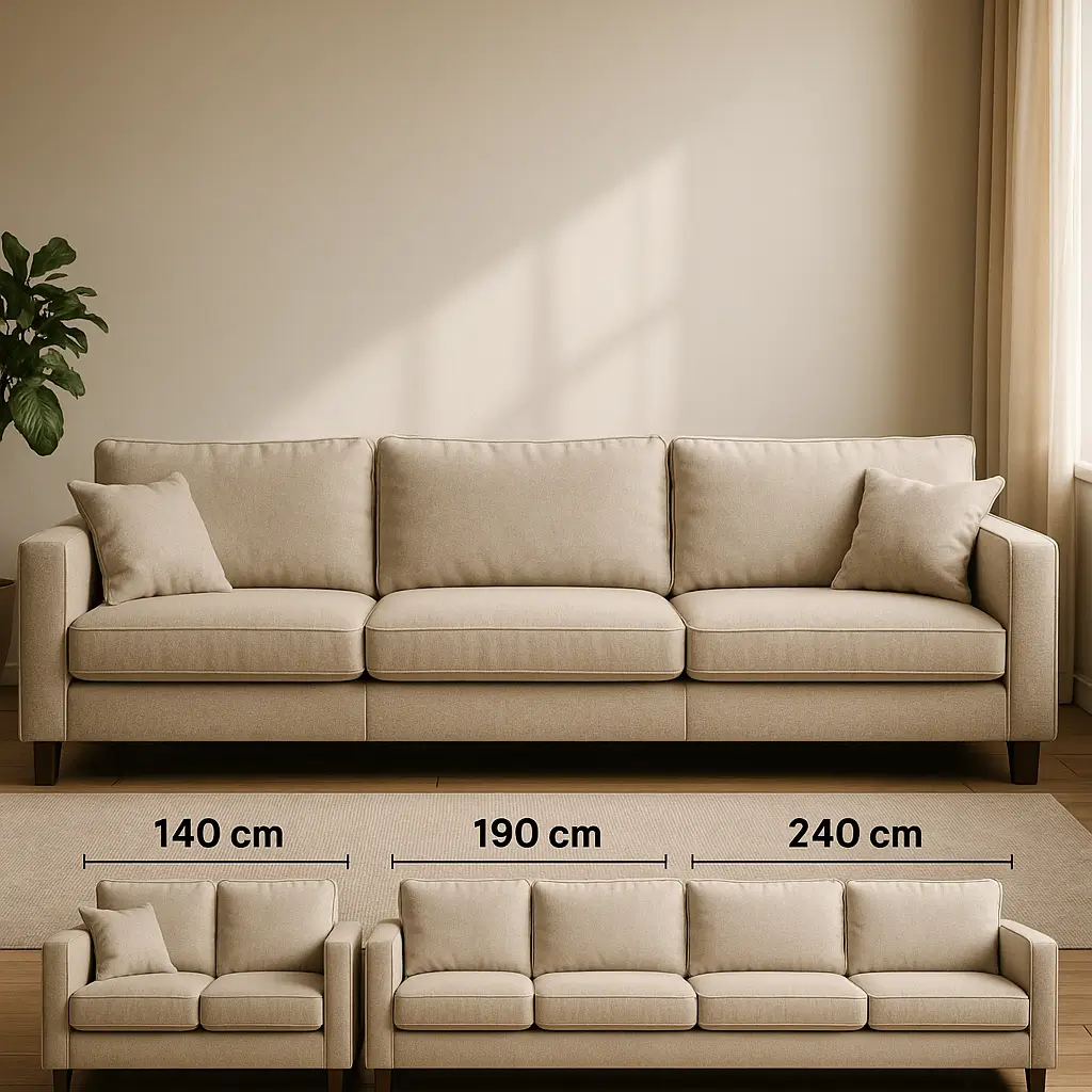Medidas de sofá 2 3 e 4 lugares: tabela por modelo; sofás bege 140 cm, 190 cm e 240 cm