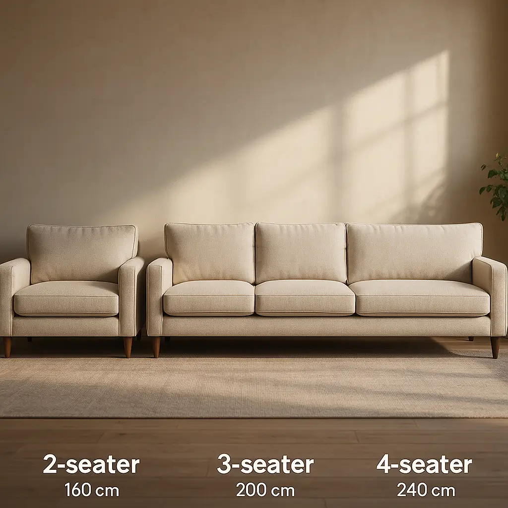Medidas de sofá 2 3 e 4 lugares: tabela por modelo; sofás bege com 160 cm, 200 cm e 240 cm