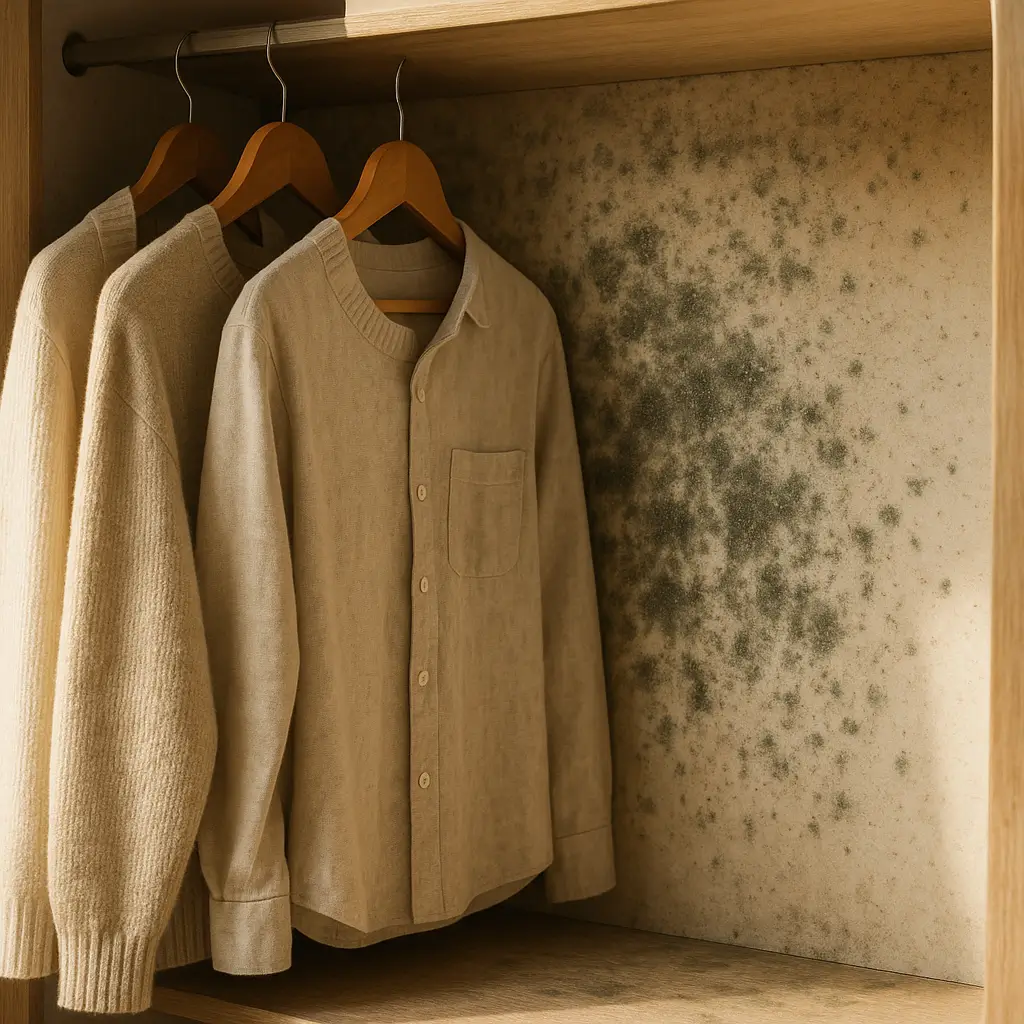 Mofo no guarda-roupa: como tirar e evitar voltar em painel de MDF com mofo e roupas bege no cabide