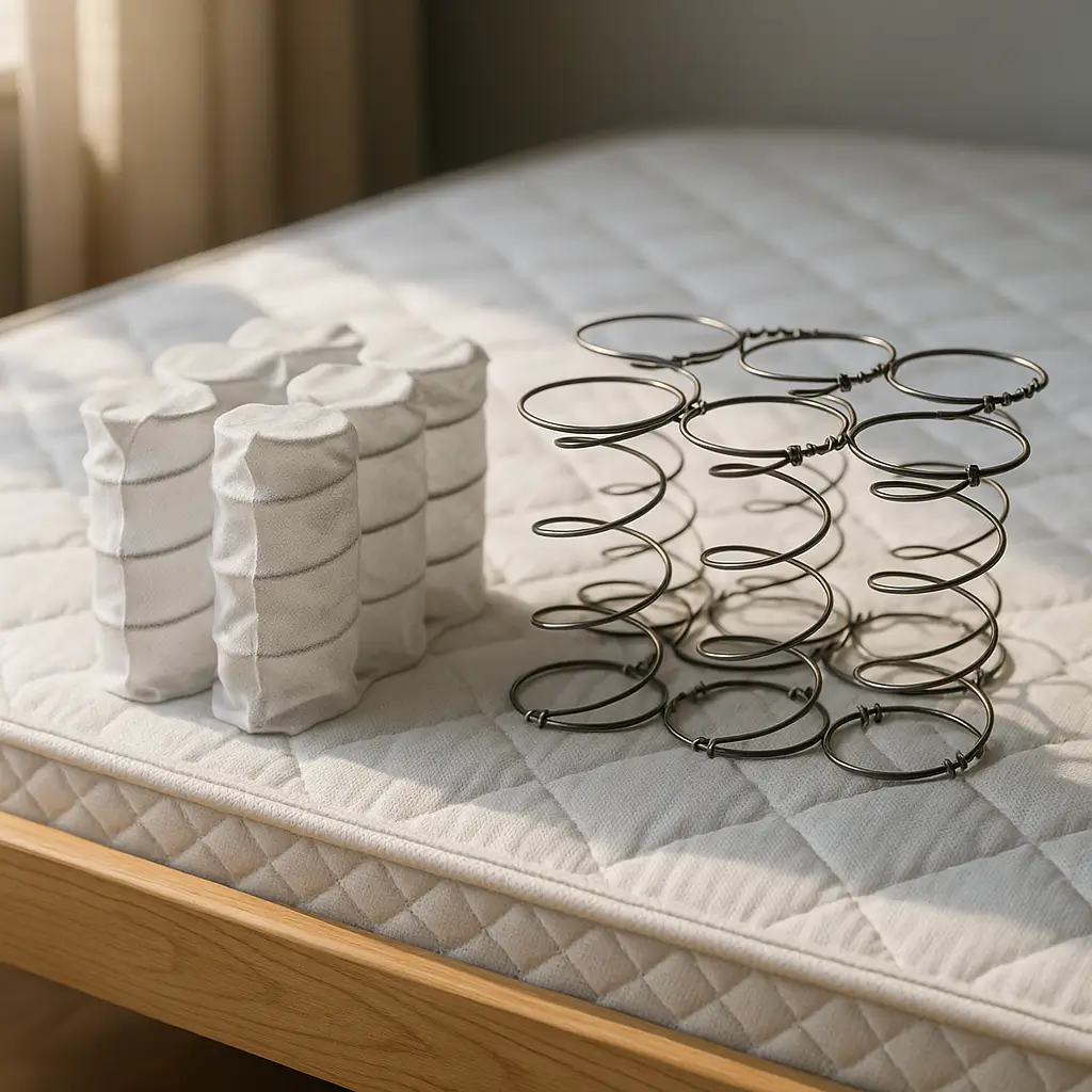 Mola ensacada ou bonnell: qual escolher e por que; amostras de molas ensacadas e bonnell sobre colchão