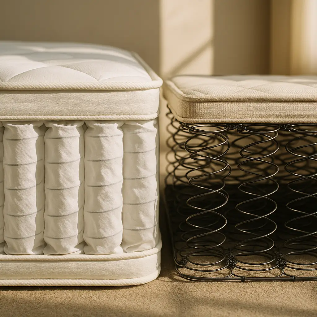 Mola ensacada ou bonnell: qual escolher e por que; seções de colchões com molas ensacadas e bonnell lado a lado