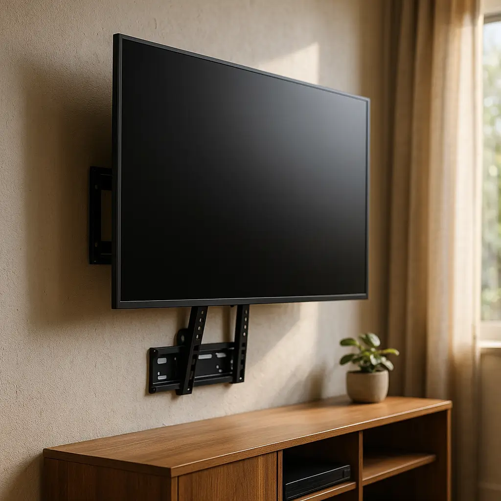 Painel de tv no drywall: como fixar e peso máximo; TV em suporte articulado sobre rack de madeira