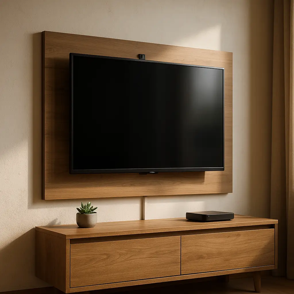 Painel de tv no drywall: como fixar e peso máximo; TV fixada em painel de madeira com rack