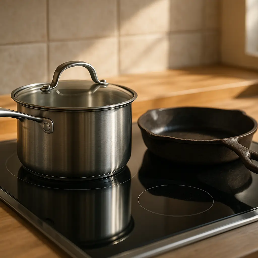 Panelas para fogão de vidro: o que pode e o que risca, panela de inox com tampa e frigideira de ferro no cooktop