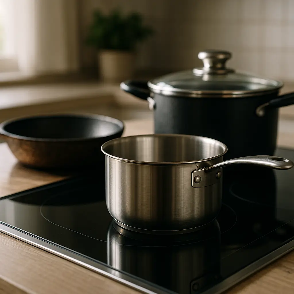 Panelas para fogão de vidro: o que pode e o que risca, panela de inox no cooktop, panela preta com tampa e frigideira ao fundo