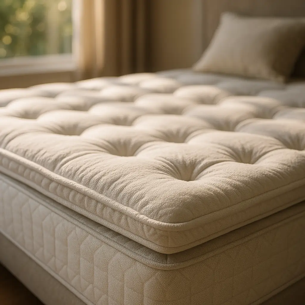 Pillow top: o que é, quando vale a pena e quando evitar; detalhe do pillow top capitonado em colchão bege