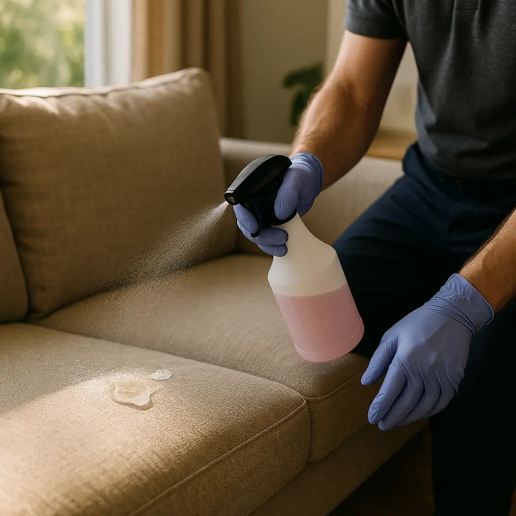 Profissional com luvas borrifando solução no sofá bege; Impermeabilização de sofá: vale a pena e quanto custa