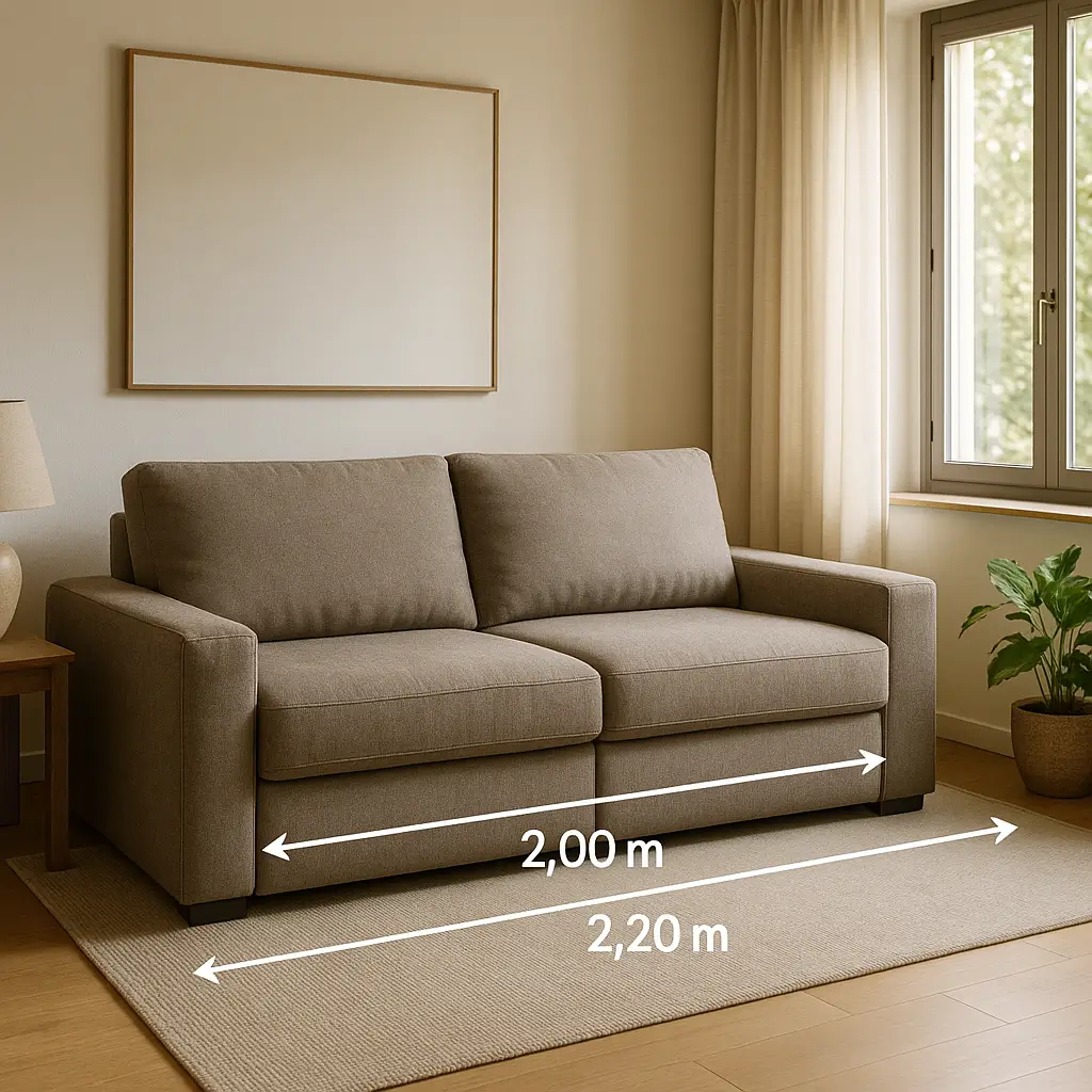 Sofá bege com setas 2,00 m e 2,20 m em sala clara; Sofá retrátil 2,00 m vs 2,20 m: qual cabe na sala 3x3?