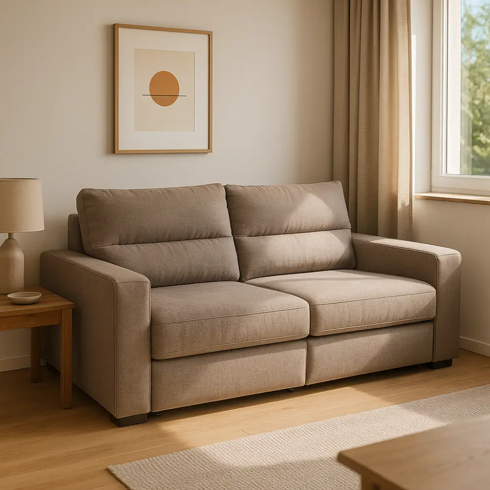 Sofá bege em sala clara com quadro e janela; Sofá retrátil 2,00 m vs 2,20 m: qual cabe na sala 3x3?