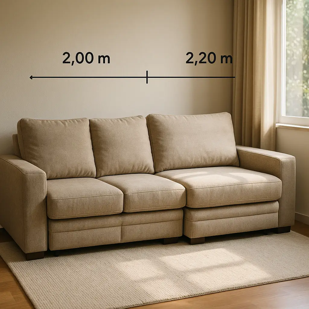 Sofá bege retrátil com medidas 2,00 m e 2,20 m; Sofá retrátil 2,00 m vs 2,20 m: qual cabe na sala 3x3?