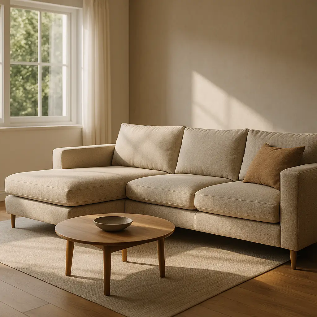 Sofá com chaise esquerda ou direita: como escolher; sofá bege com chaise à esquerda, mesa redonda de madeira