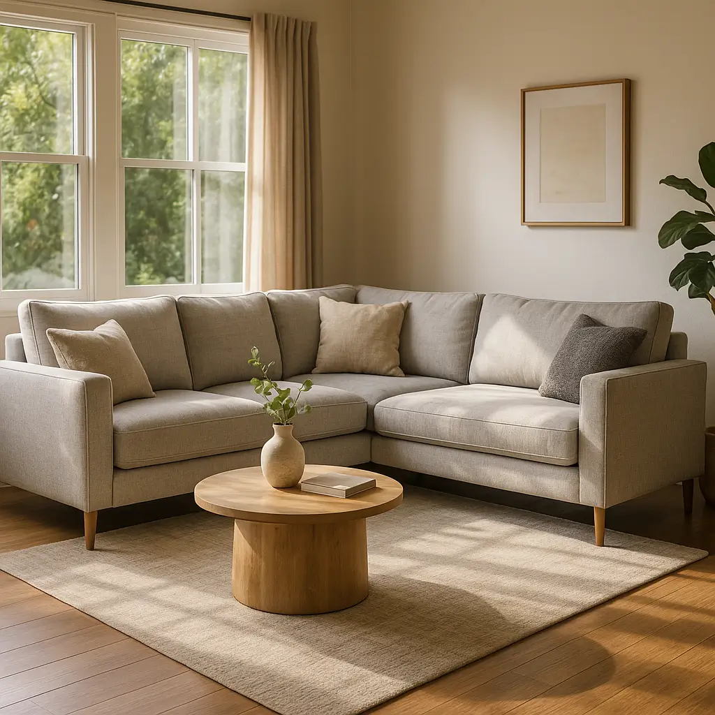 Sofá com chaise esquerda ou direita: como escolher; sofá cinza com chaise à direita e mesa de madeira