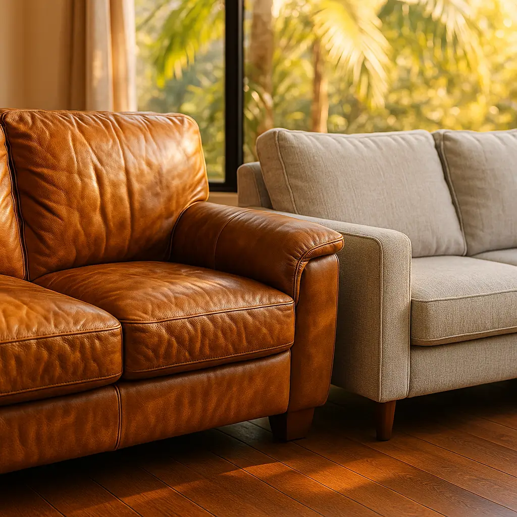 Sofá de couro ou tecido: qual dura mais no calor? Couro marrom e tecido bege ao sol.