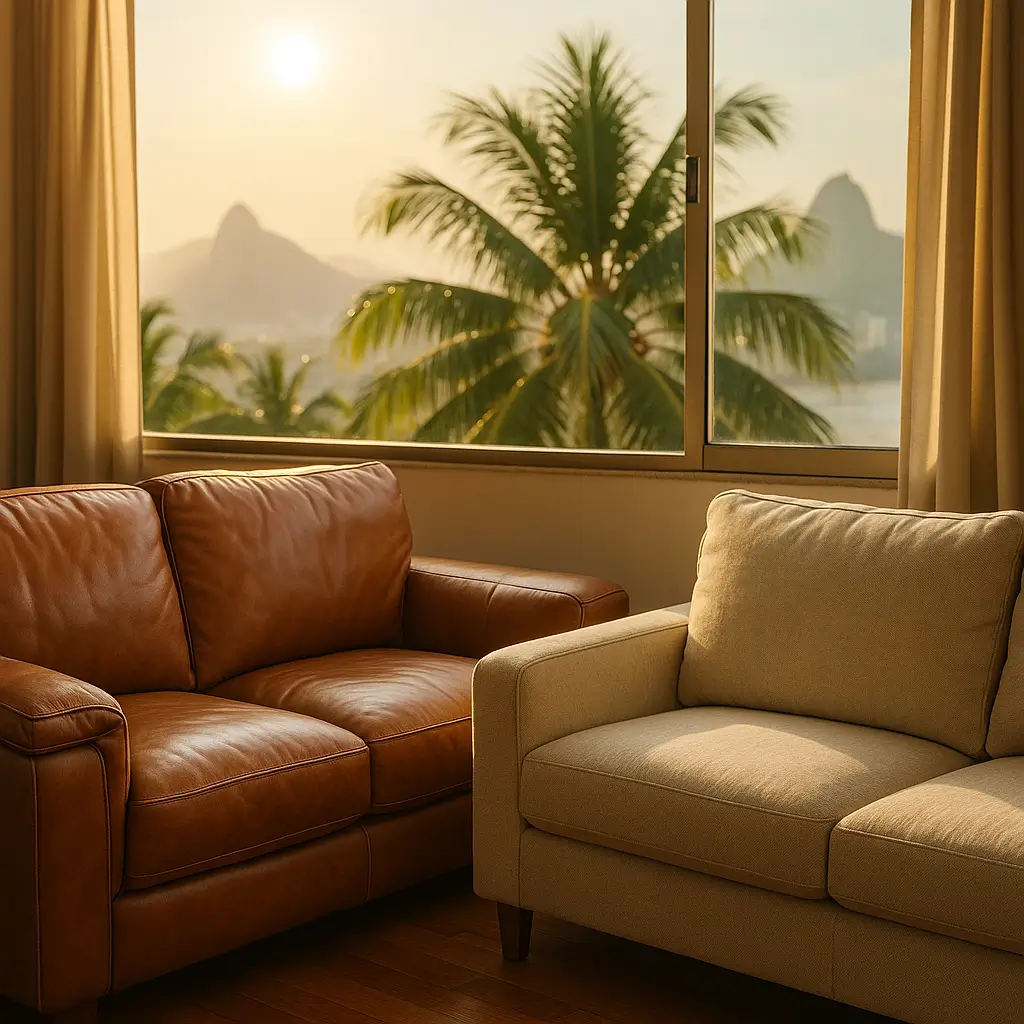 Sofá de couro ou tecido: qual dura mais no calor? Couro marrom e tecido bege ao sol, janela com coqueiro.