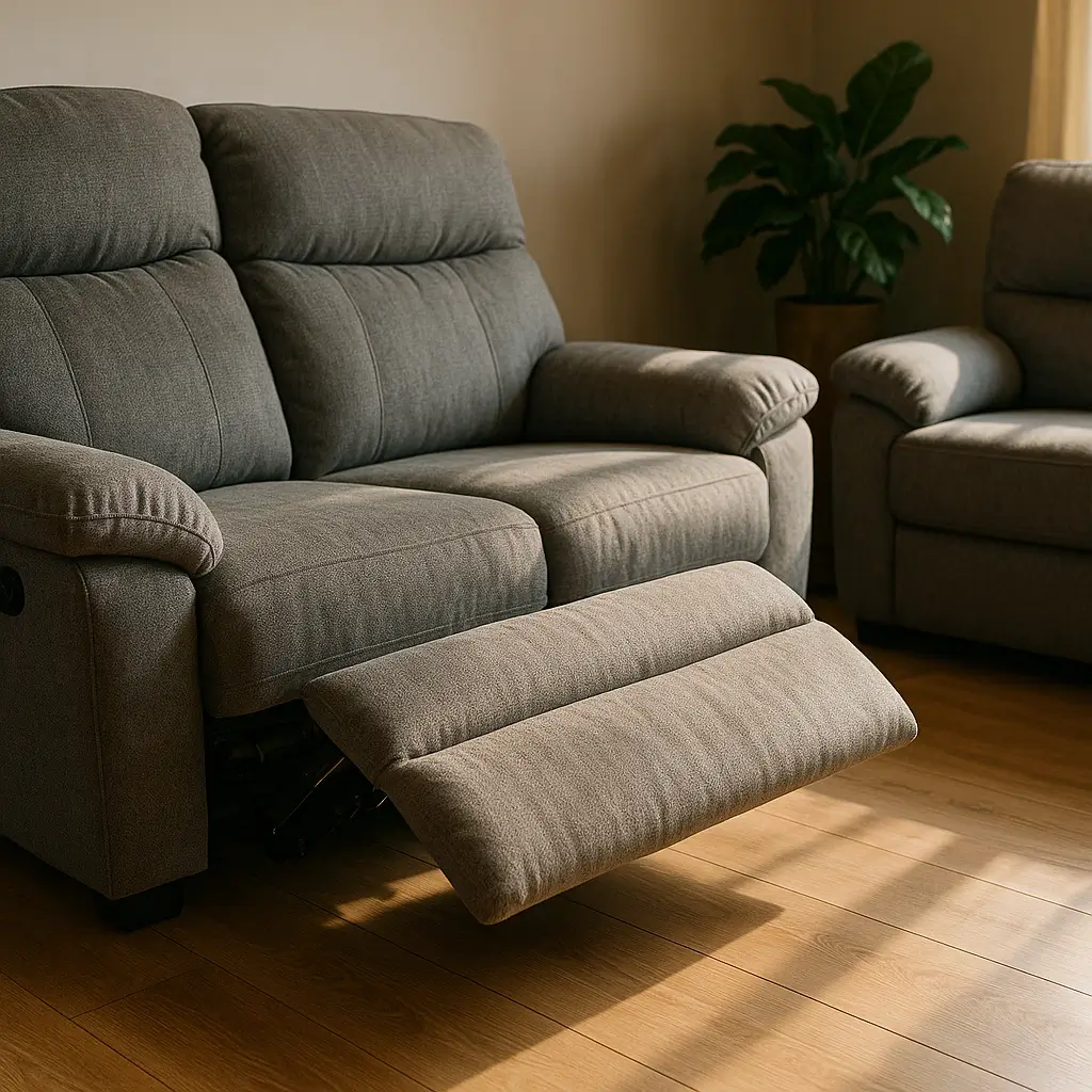 Sofá reclinável ou retrátil: qual escolher? Sofá cinza com apoio de pés aberto.