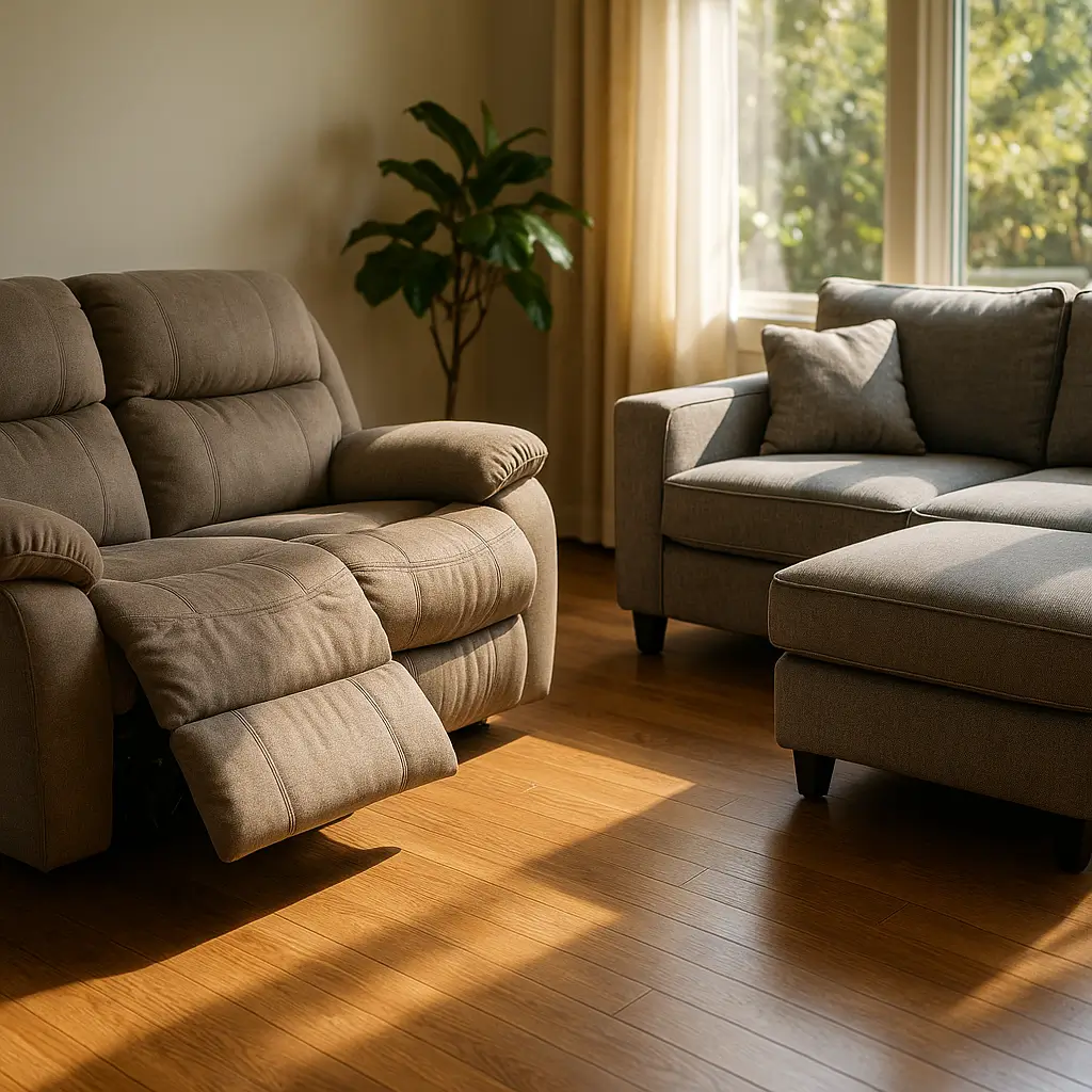 Sofá reclinável ou retrátil: qual escolher? Sofá reclinável marrom com apoio de pés aberto e sofá chaise cinza.