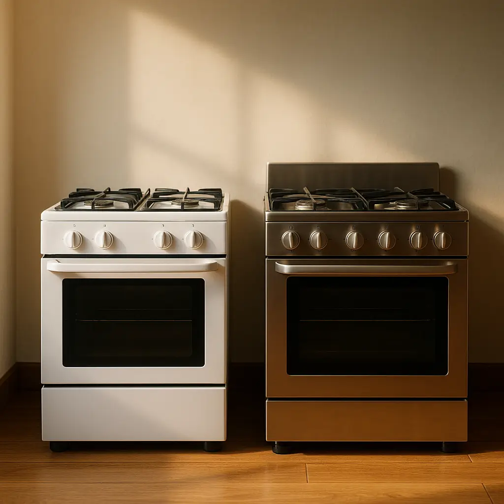 Tamanho do fogão 4 e 5 bocas: largura e profundidade, fogão branco 4 bocas e fogão inox 5 bocas lado a lado
