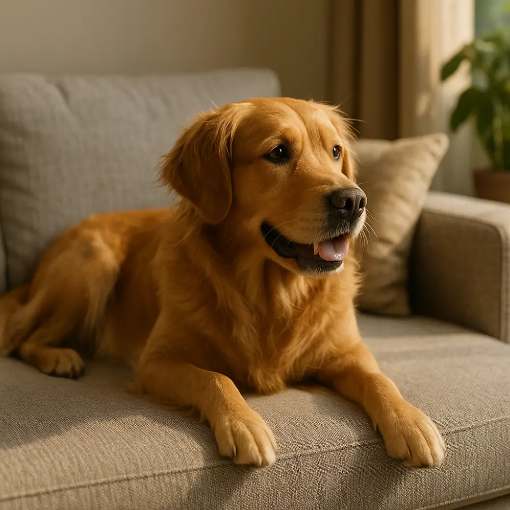 Tecido para sofá com pets: qual suja menos e dura mais, cachorro dourado no sofá cinza