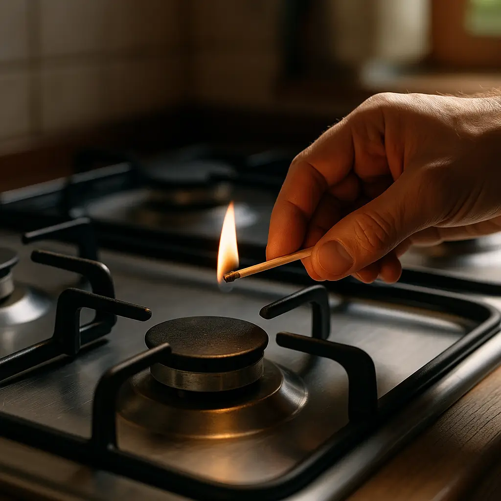 Acendimento automático do fogão não funciona: o que fazer, mão acendendo queimador com fósforo