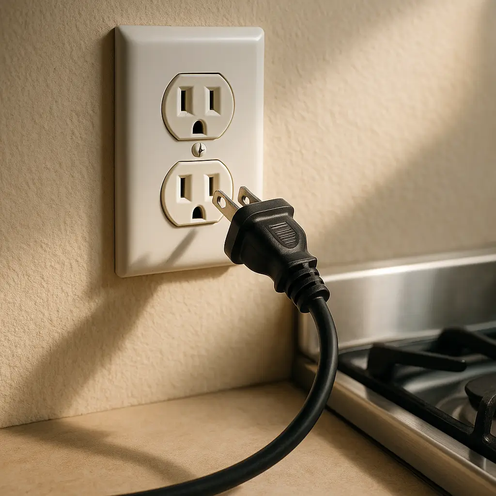Altura da tomada do fogão: medidas e plug correto, tomada dupla e plug preto perto do fogão