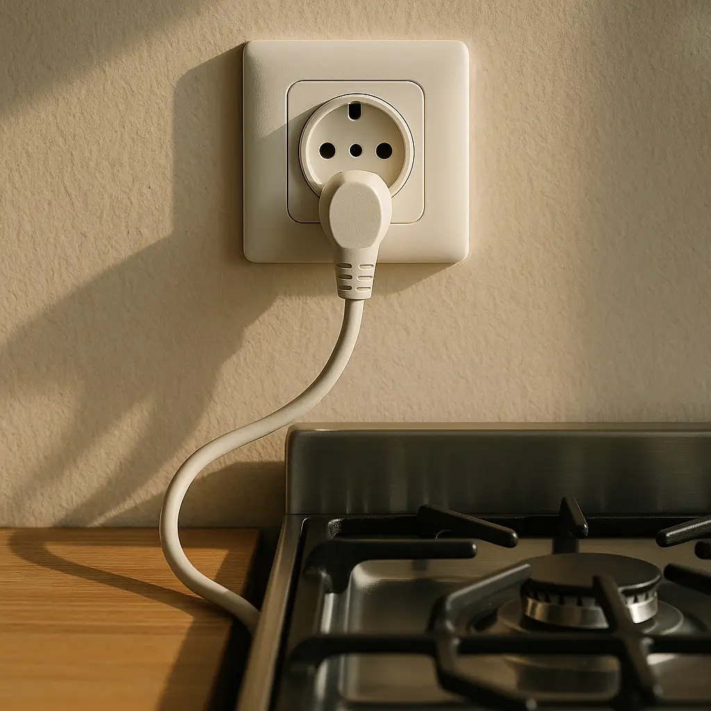 Altura da tomada do fogão: medidas e plug correto, tomada e plug brancos ao lado do fogão