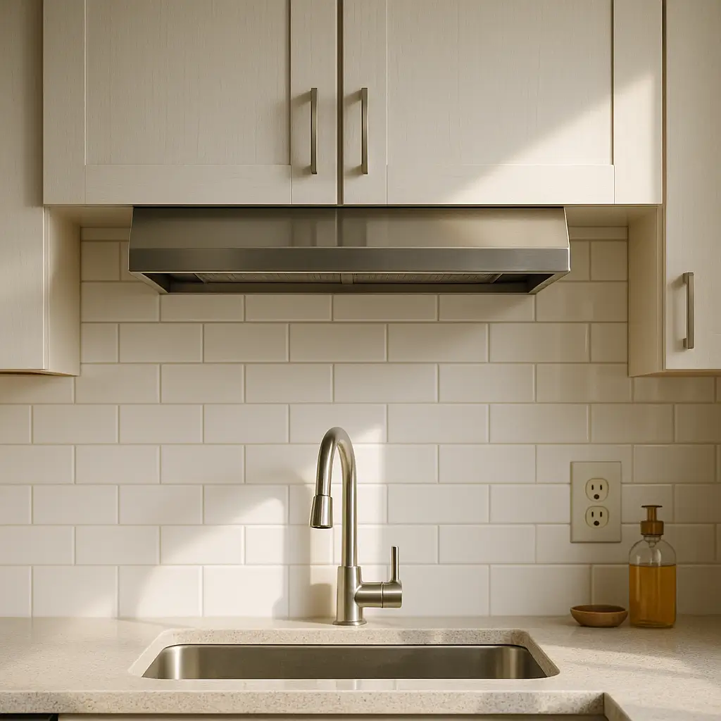 Altura do armário aéreo sobre a pia: gabarito simples com armário claro, coifa inox, pia e dispenser de sabão