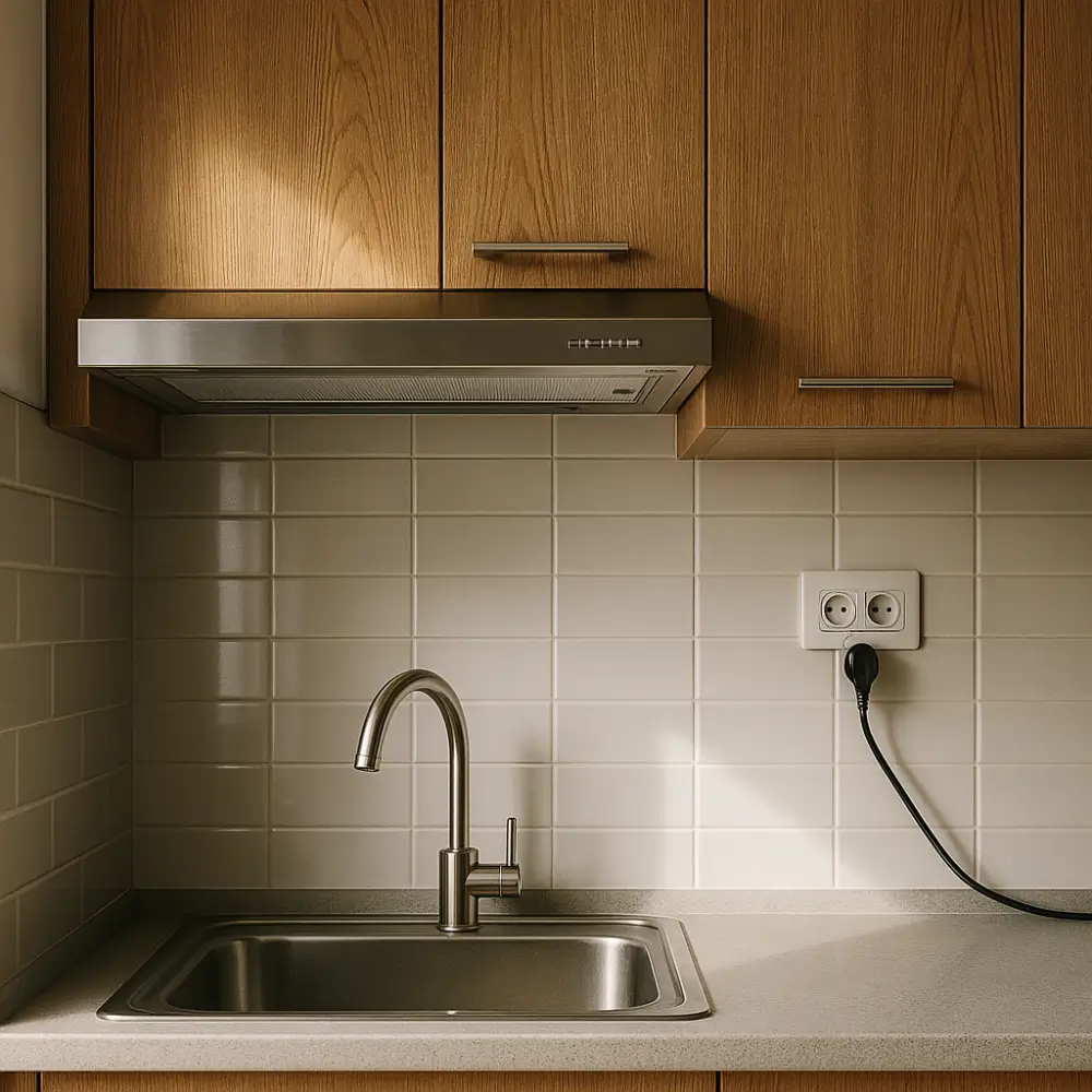 Altura do armário aéreo sobre a pia: gabarito simples com armário de madeira, coifa inox, pia e torneira