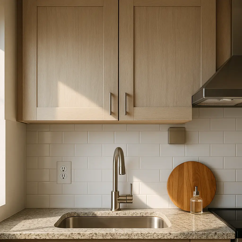 Altura do armário aéreo sobre a pia: gabarito simples com armário de madeira, pia inox e bancada de pedra