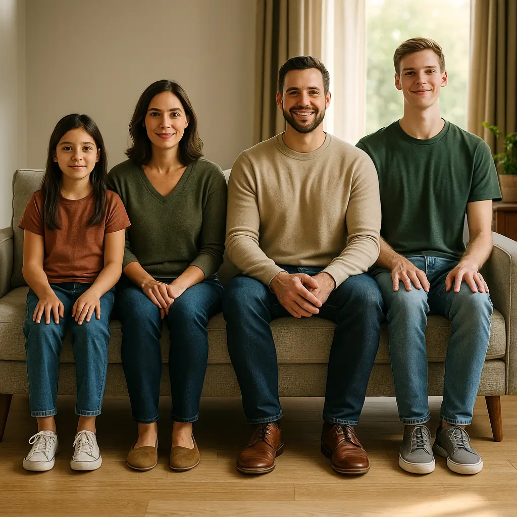 Altura do assento do sofá: tabela por estatura, quatro pessoas de alturas diferentes sentadas em sofá bege