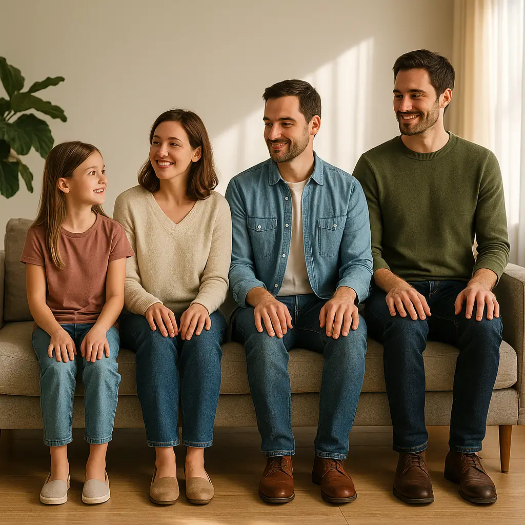 Altura do assento do sofá: tabela por estatura, quatro pessoas de alturas diferentes sentadas lado a lado em sofá bege