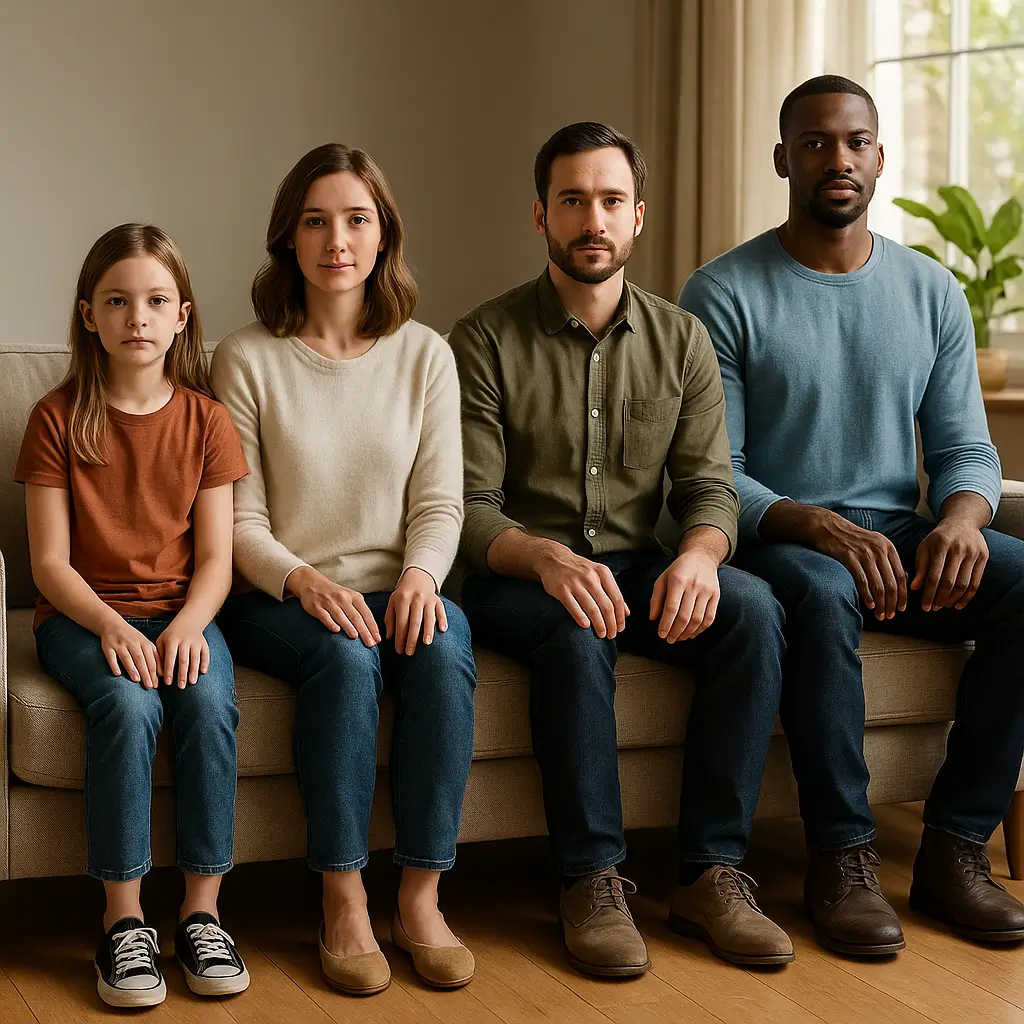 Altura do assento do sofá: tabela por estatura, quatro pessoas de tamanhos diferentes sentadas em sofá bege