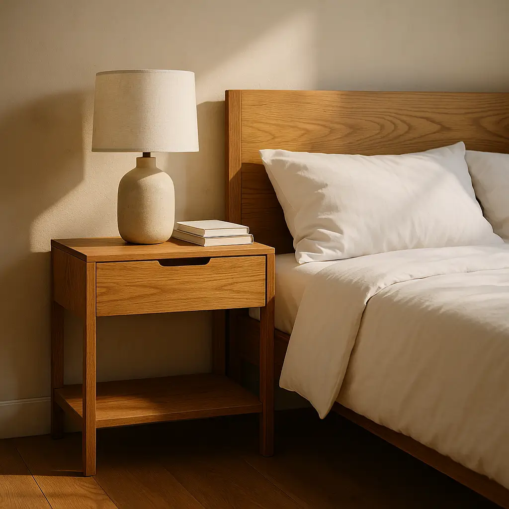 Altura do criado-mudo: medidas ideais por tipo de cama; criado-mudo com abajur e livros ao lado da cama de madeira