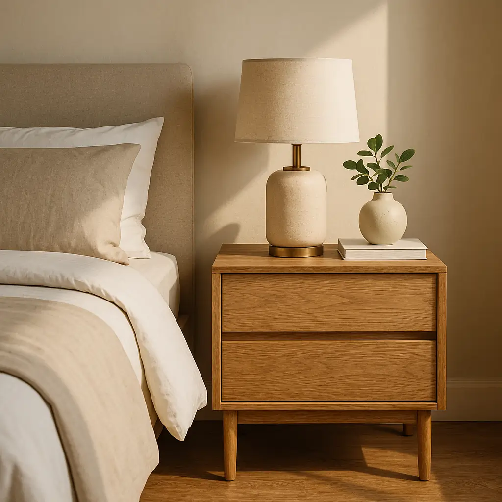 Altura do criado-mudo: medidas ideais por tipo de cama; criado-mudo com abajur e vaso ao lado da cama