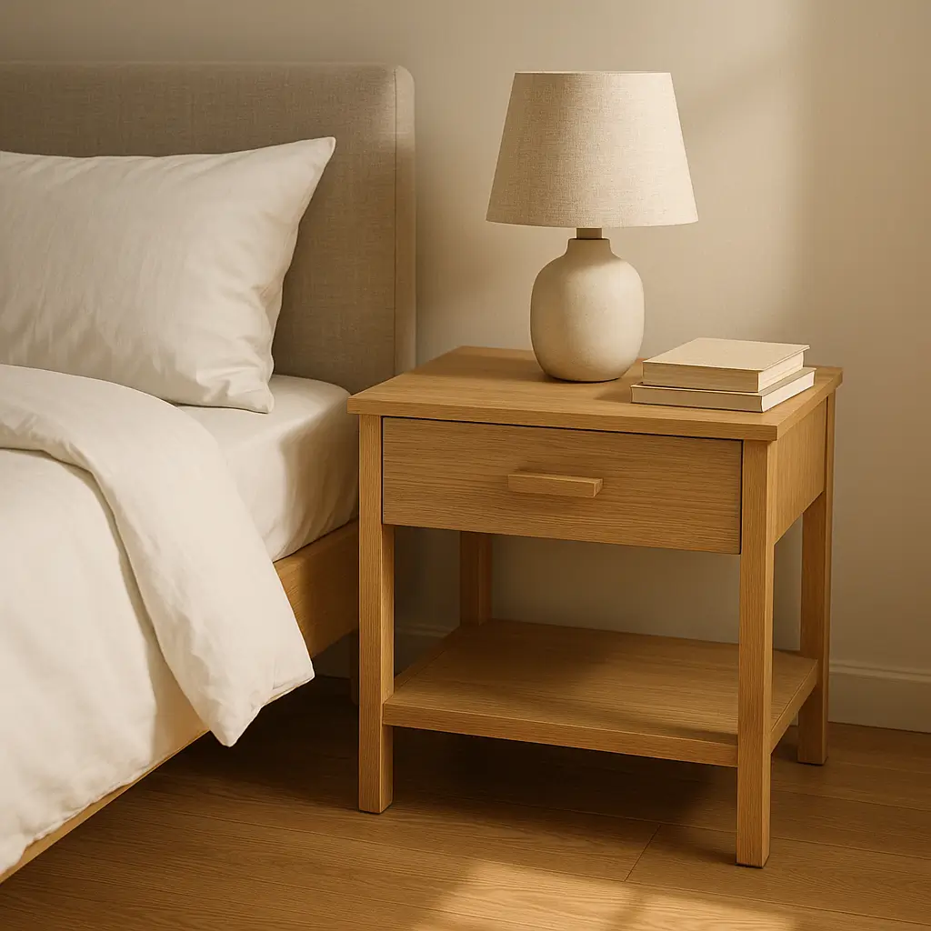 Altura do criado-mudo: medidas ideais por tipo de cama; criado-mudo de madeira com gaveta, abajur e livros ao lado da cama