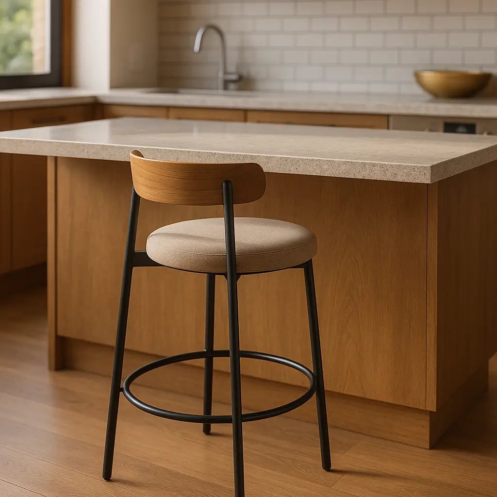Banqueta para bancada: altura ideal por tipo de balcão, banqueta estofada com encosto e pés de metal na bancada de cozinha de madeira