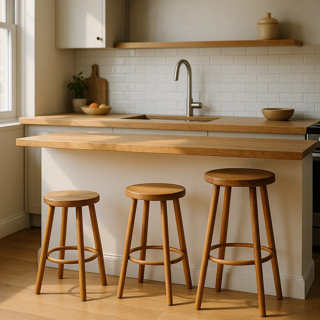 Banqueta para bancada: altura ideal por tipo de balcão, três banquetas de madeira na bancada de cozinha