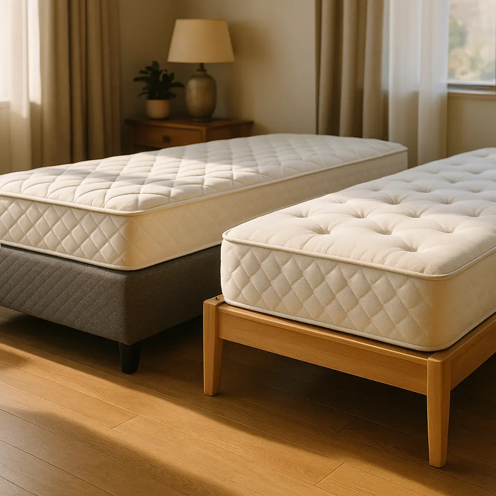 Cama box conjugada ou base box e colchão: qual compensa? Dois colchões, base box cinza e base de madeira clara