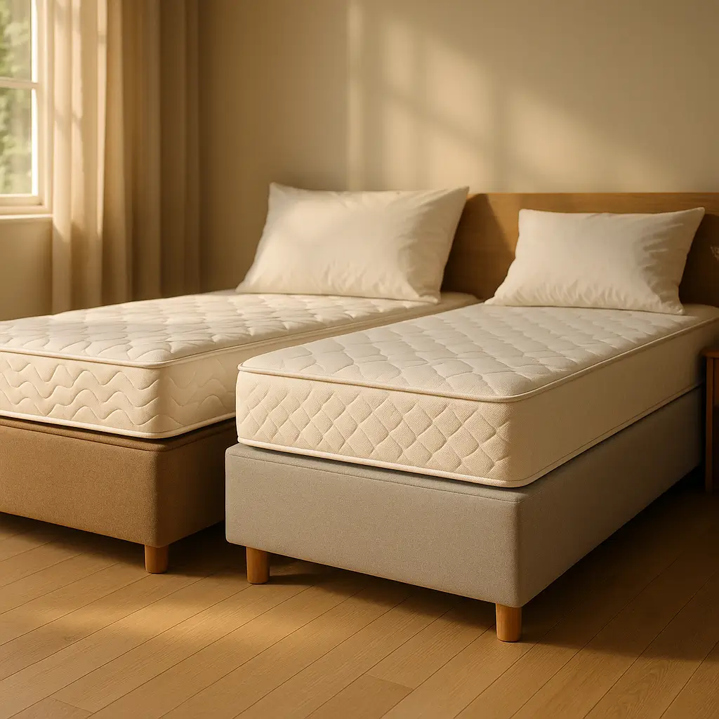 Cama box conjugada ou base box e colchão: qual compensa? Dois colchões com travesseiros em bases box lado a lado