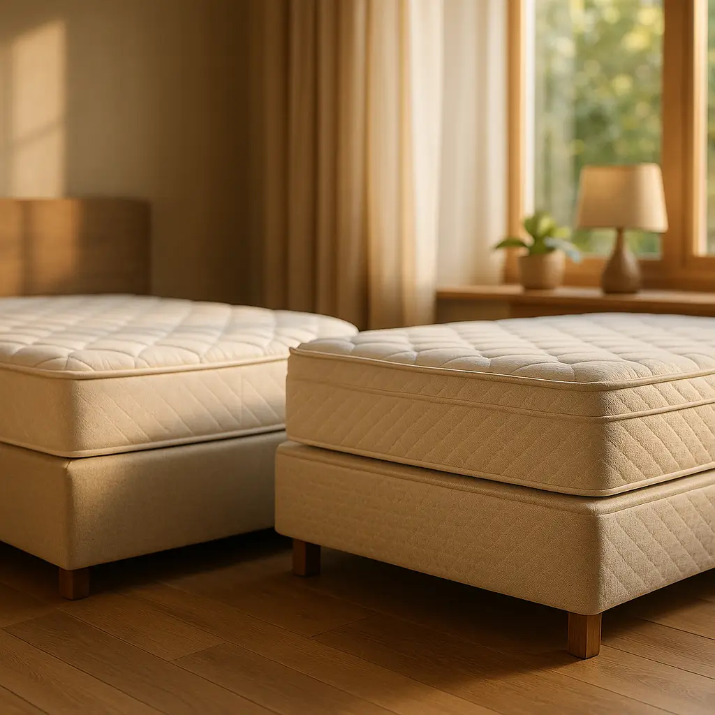 Cama box conjugada ou base box e colchão: qual compensa? Dois colchões em bases box próximos à janela