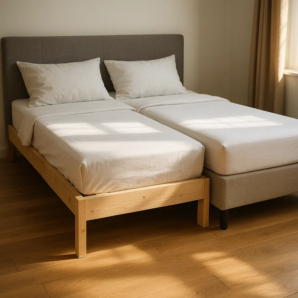 Cama com estrado ou cama box: diferenças e durabilidade, estrado de madeira vs base box lado a lado