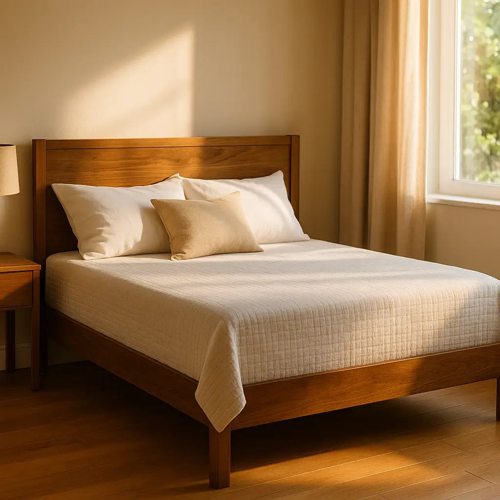 Cama viúva: medidas e quando escolher, cama de madeira com colcha branca, dois travesseiros e almofada bege