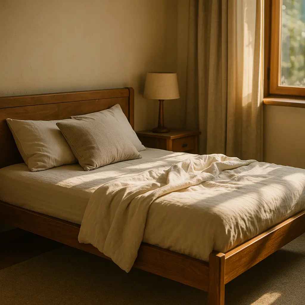 Cama viúva: medidas e quando escolher, cama de madeira com roupa de cama bege e abajur