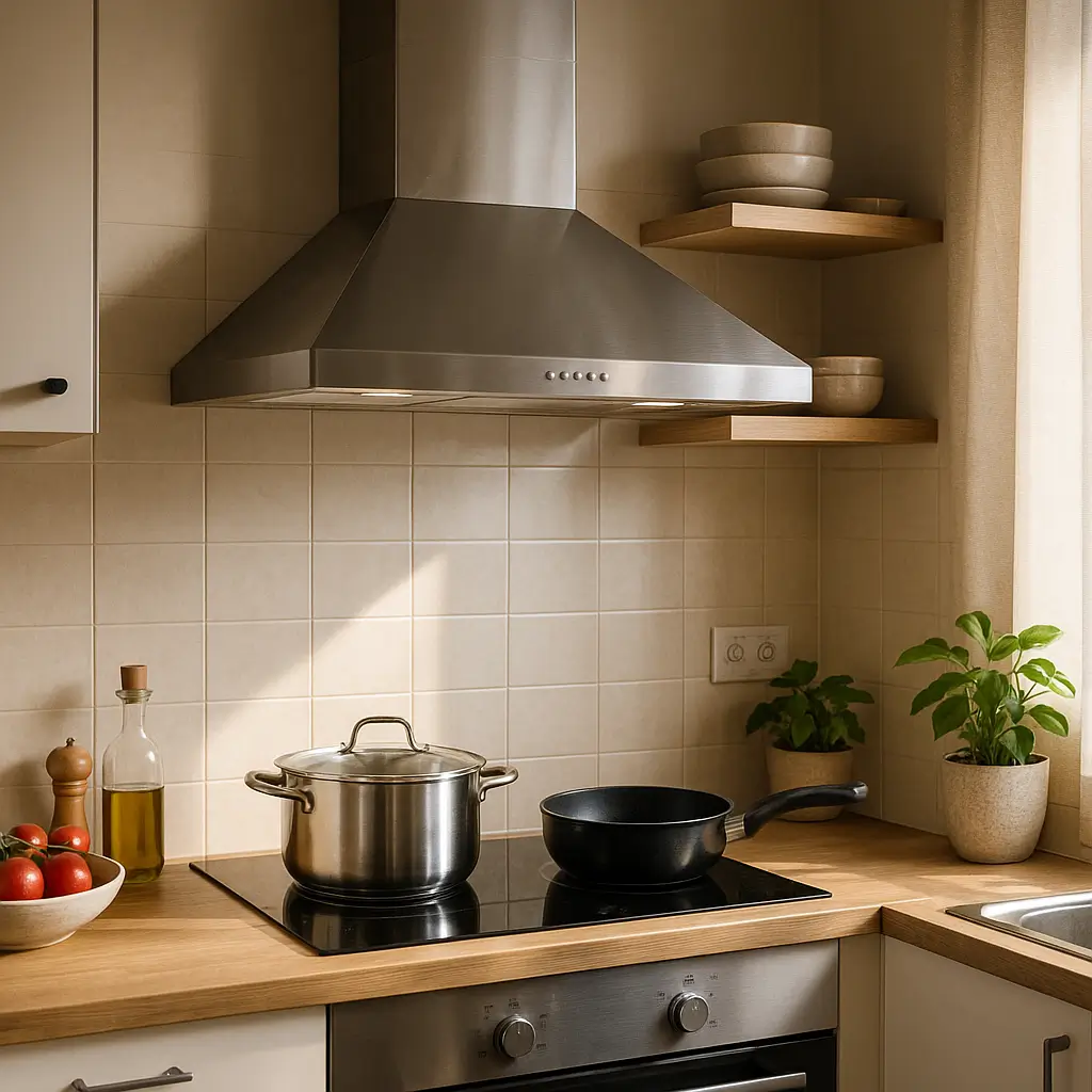 Coifa ou depurador: qual escolher para cozinha pequena, coifa inox sobre cooktop com panela e frigideira em bancada de madeira